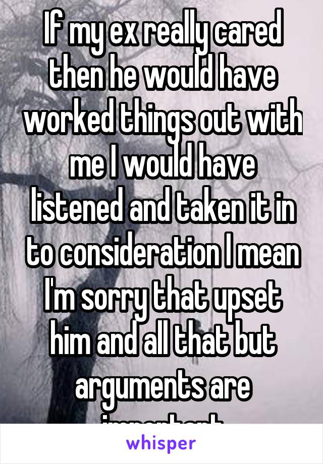 If my ex really cared then he would have worked things out with me I would have listened and taken it in to consideration I mean I'm sorry that upset him and all that but arguments are important