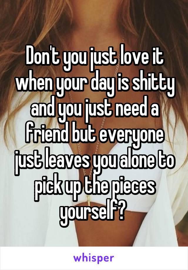 Don't you just love it when your day is shitty and you just need a friend but everyone just leaves you alone to pick up the pieces yourself? 