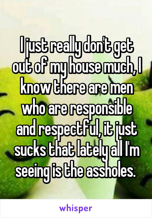 I just really don't get out of my house much, I know there are men who are responsible and respectful, it just sucks that lately all I'm seeing is the assholes. 