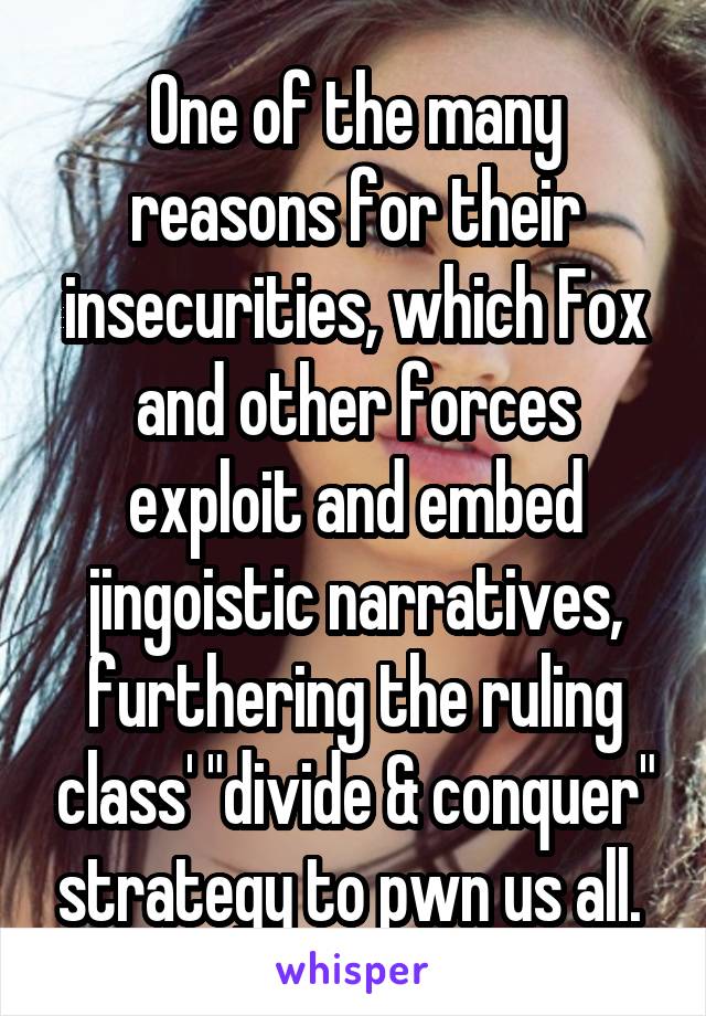One of the many reasons for their insecurities, which Fox and other forces exploit and embed jingoistic narratives, furthering the ruling class' "divide & conquer" strategy to pwn us all. 