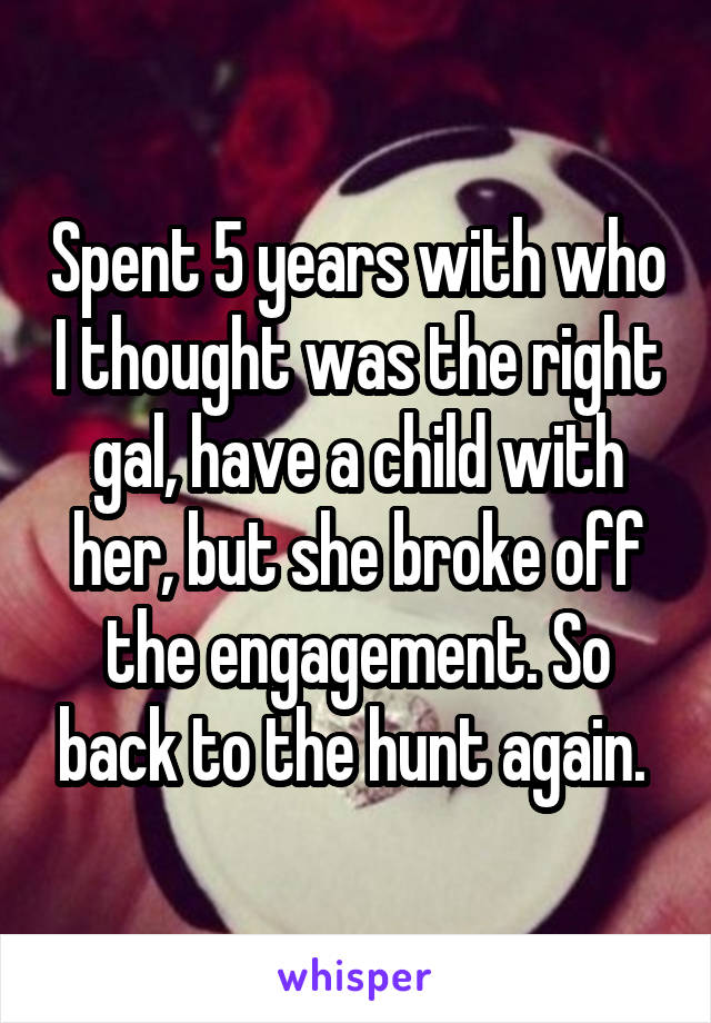 Spent 5 years with who I thought was the right gal, have a child with her, but she broke off the engagement. So back to the hunt again. 