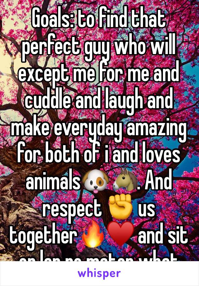 Goals: to find that perfect guy who will except me for me and cuddle and laugh and make everyday amazing for both of i and loves animals🐶🐴. And respect ✊ us together🔥♥️ and sit on lap no mater what