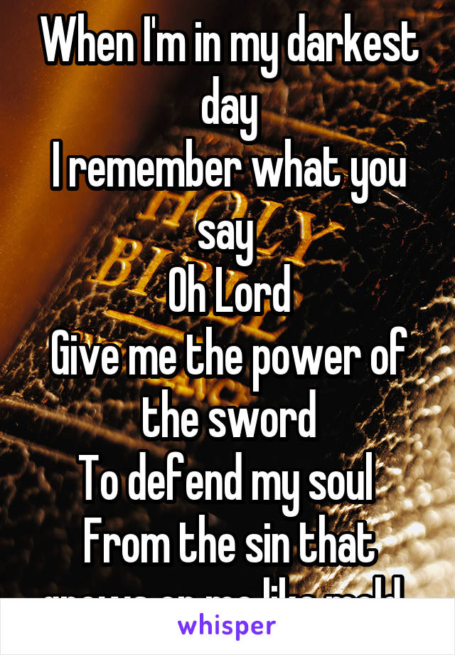 When I'm in my darkest day
I remember what you say 
Oh Lord
Give me the power of the sword
To defend my soul 
From the sin that grows on me like mold. 