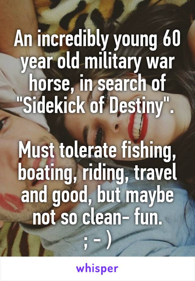 An incredibly young 60 year old military war horse, in search of "Sidekick of Destiny". 

Must tolerate fishing, boating, riding, travel and good, but maybe not so clean- fun.
; - )