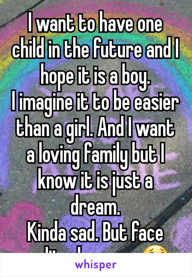I want to have one child in the future and I hope it is a boy.
I imagine it to be easier than a girl. And I want a loving family but I know it is just a dream.
Kinda sad. But face reality dreamer.😂