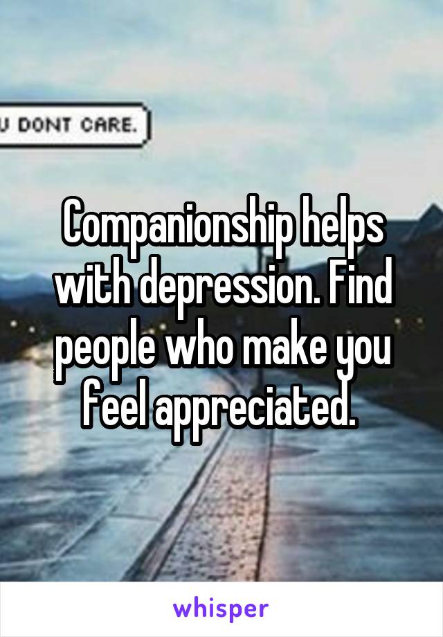 Companionship helps with depression. Find people who make you feel appreciated. 