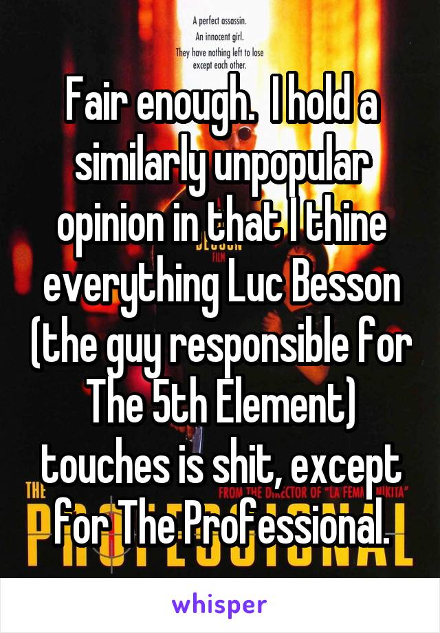 Fair enough.  I hold a similarly unpopular opinion in that I thine everything Luc Besson (the guy responsible for The 5th Element) touches is shit, except for The Professional.