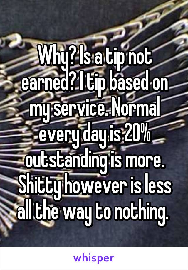Why? Is a tip not earned? I tip based on my service. Normal every day is 20% outstanding is more. Shitty however is less all the way to nothing. 
