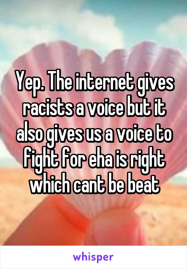 Yep. The internet gives racists a voice but it also gives us a voice to fight for eha is right which cant be beat