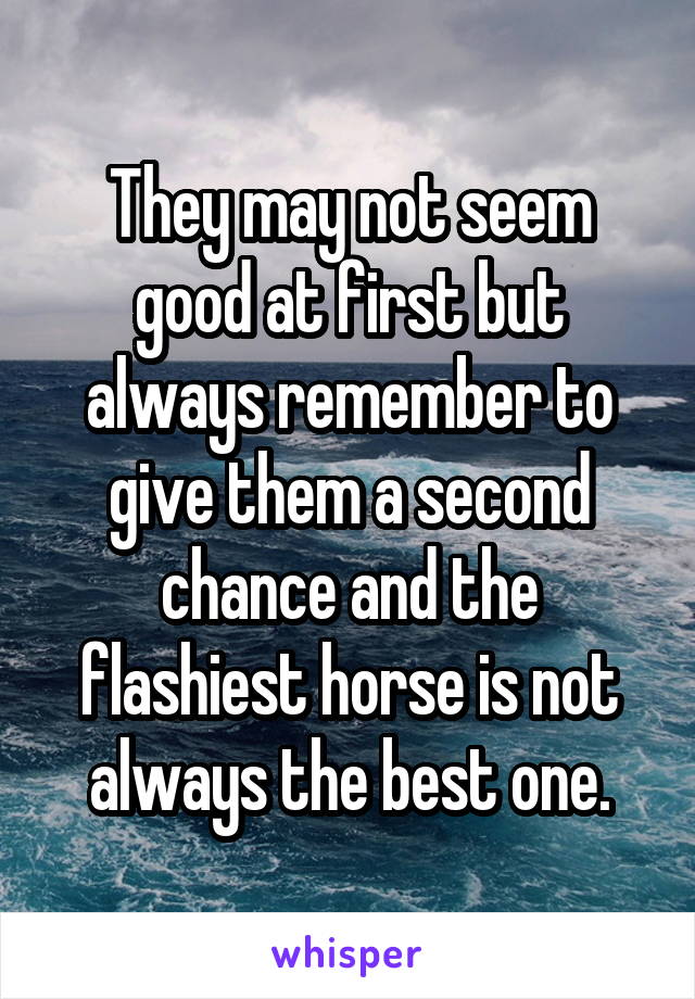 They may not seem good at first but always remember to give them a second chance and the flashiest horse is not always the best one.
