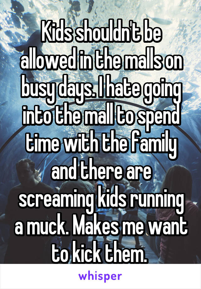Kids shouldn't be allowed in the malls on busy days. I hate going into the mall to spend time with the family and there are screaming kids running a muck. Makes me want to kick them. 