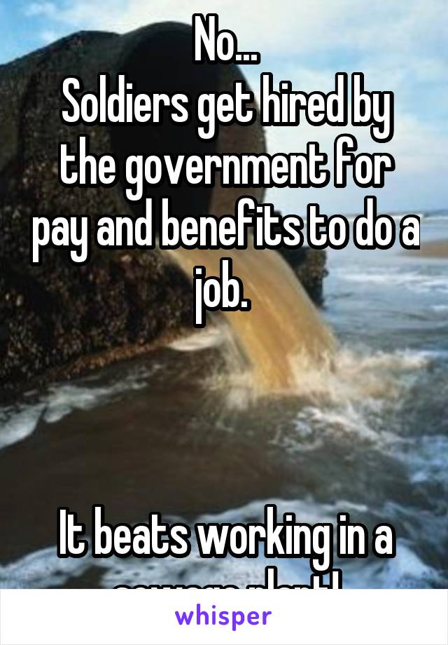 No...
Soldiers get hired by the government for pay and benefits to do a job. 



It beats working in a sewage plant!