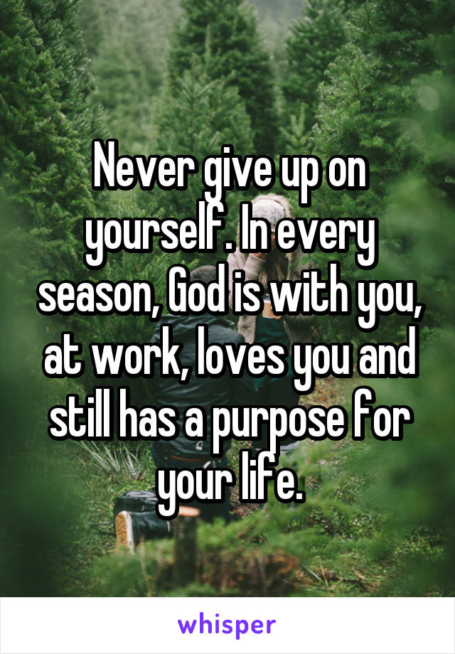 Never give up on yourself. In every season, God is with you, at work, loves you and still has a purpose for your life.