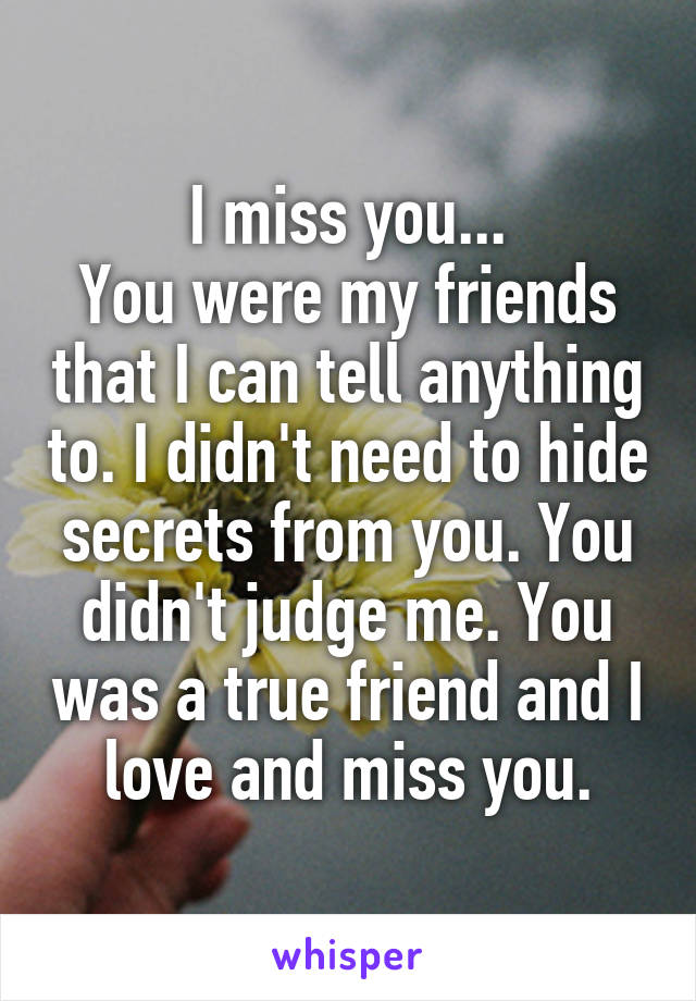 I miss you...
You were my friends that I can tell anything to. I didn't need to hide secrets from you. You didn't judge me. You was a true friend and I love and miss you.