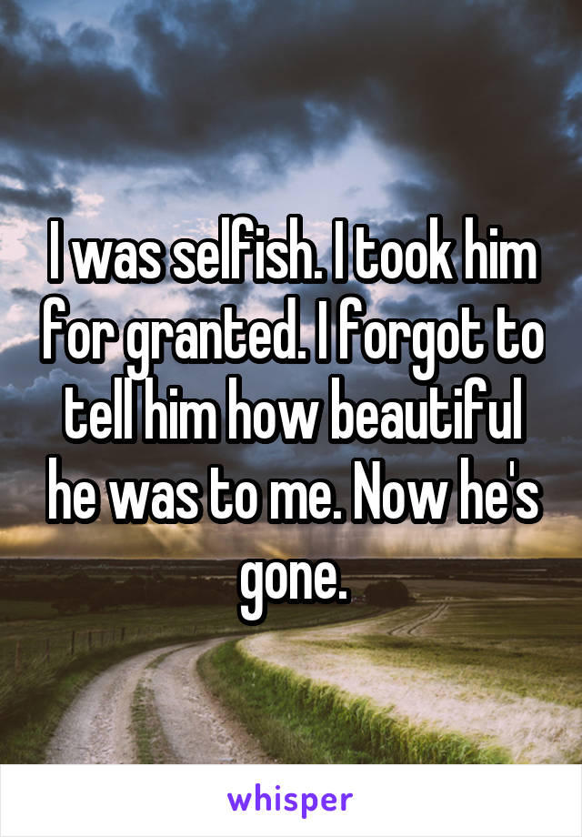 I was selfish. I took him for granted. I forgot to tell him how beautiful he was to me. Now he's gone.