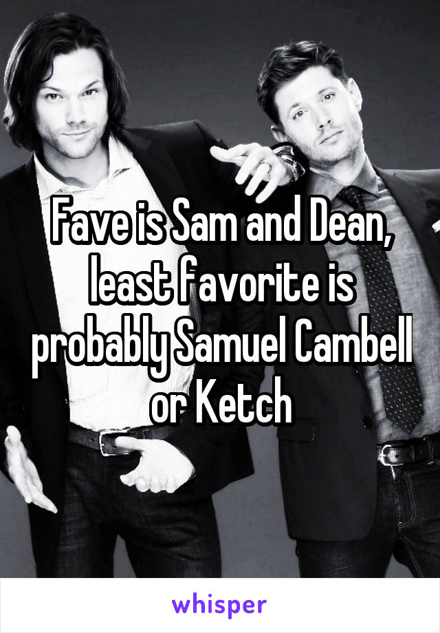 Fave is Sam and Dean, least favorite is probably Samuel Cambell or Ketch