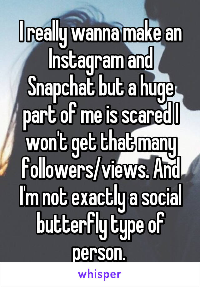 I really wanna make an Instagram and Snapchat but a huge part of me is scared I won't get that many followers/views. And I'm not exactly a social butterfly type of person. 