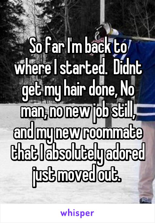 So far I'm back to where I started.  Didnt get my hair done, No man, no new job still, and my new roommate that I absolutely adored just moved out. 