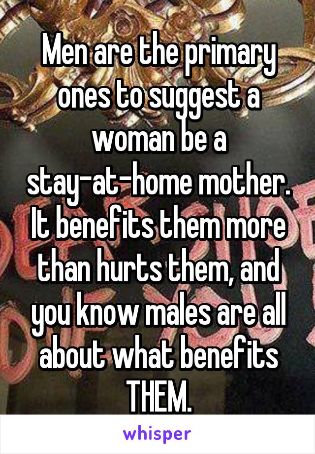 Men are the primary ones to suggest a woman be a stay-at-home mother. It benefits them more than hurts them, and you know males are all about what benefits THEM.