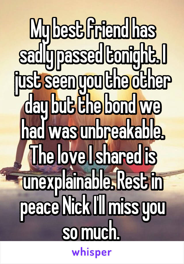 My best friend has sadly passed tonight. I just seen you the other day but the bond we had was unbreakable. The love I shared is unexplainable. Rest in peace Nick I'll miss you so much. 