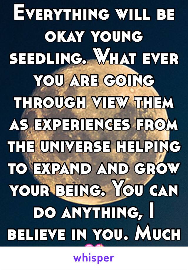 Everything will be okay young seedling. What ever you are going through view them as experiences from the universe helping to expand and grow your being. You can do anything, I believe in you. Much 💖