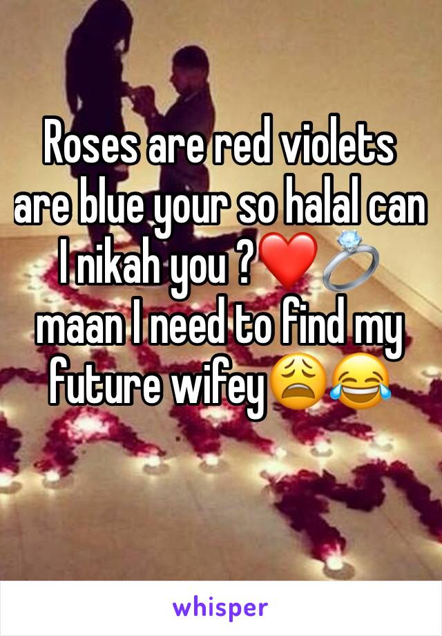 Roses are red violets are blue your so halal can I nikah you ?❤️💍 maan I need to find my future wifey😩😂