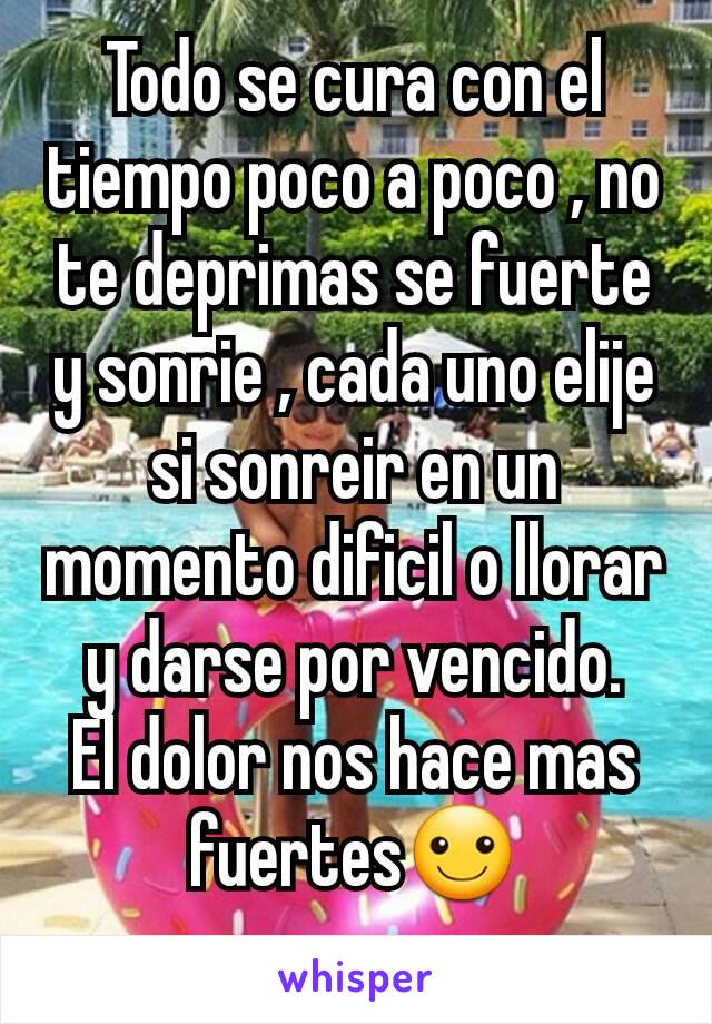 Todo se cura con el tiempo poco a poco , no te deprimas se fuerte y sonrie , cada uno elije si sonreir en un momento dificil o llorar y darse por vencido.
El dolor nos hace mas fuertes☺
