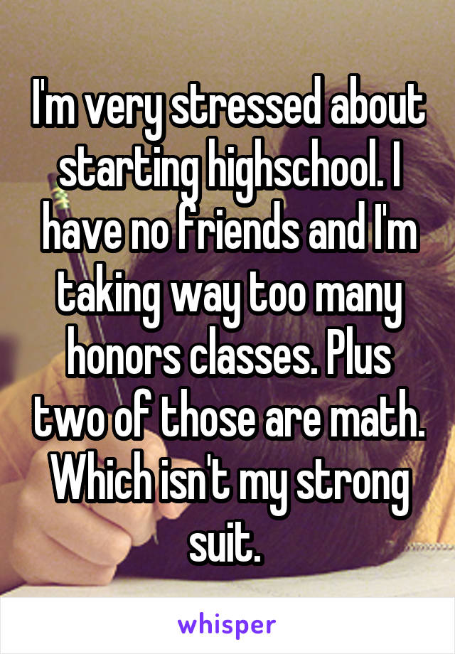 I'm very stressed about starting highschool. I have no friends and I'm taking way too many honors classes. Plus two of those are math. Which isn't my strong suit. 