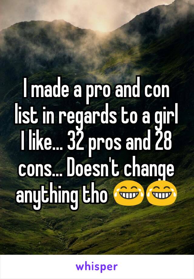 I made a pro and con list in regards to a girl I like... 32 pros and 28 cons... Doesn't change anything tho 😂😂