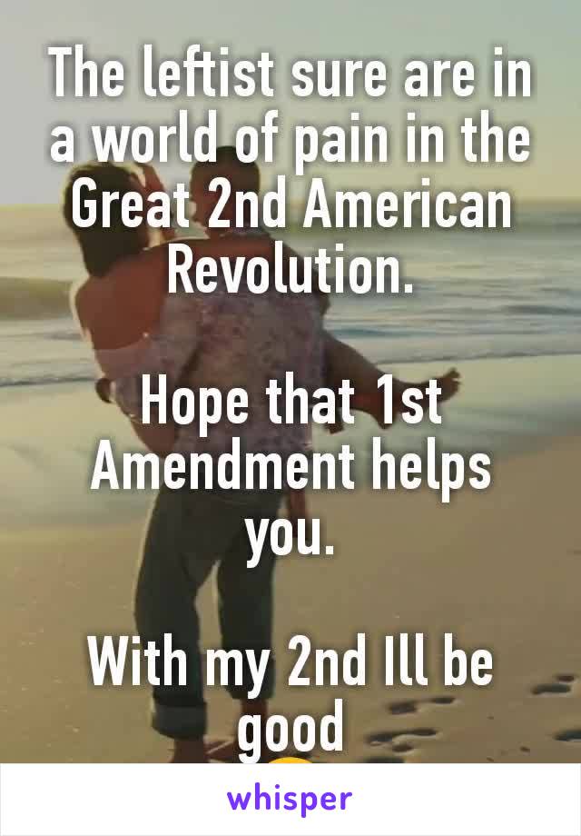 The leftist sure are in a world of pain in the Great 2nd American Revolution.

Hope that 1st Amendment helps you.

With my 2nd Ill be good
😁