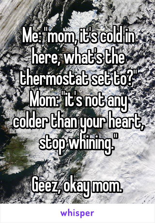 Me: "mom, it's cold in here, what's the thermostat set to?"
Mom: "it's not any colder than your heart, stop whining."

Geez, okay mom. 