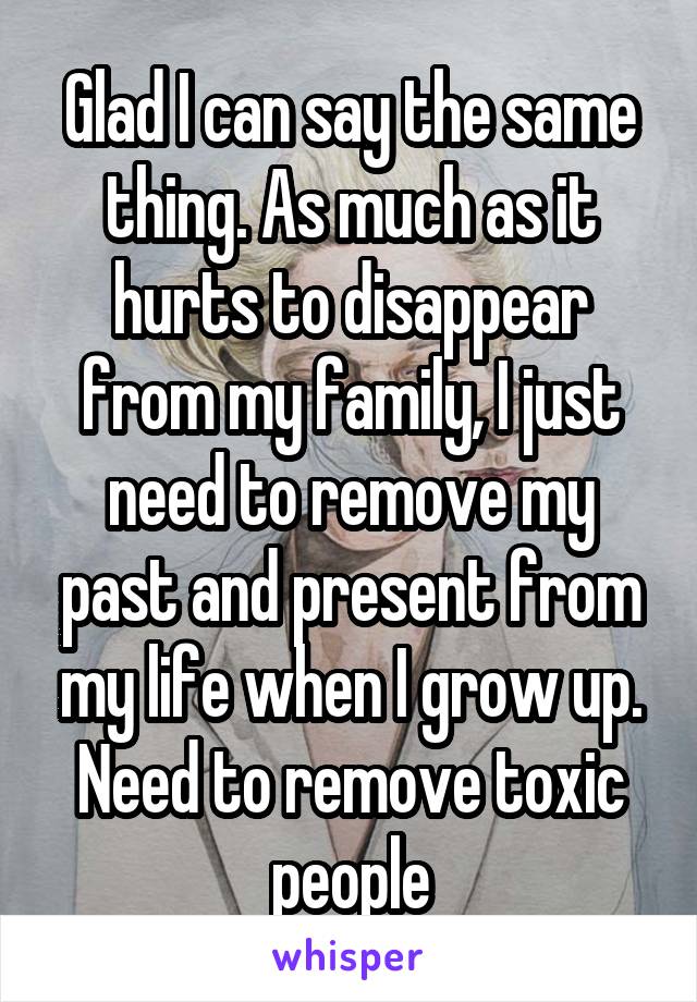 Glad I can say the same thing. As much as it hurts to disappear from my family, I just need to remove my past and present from my life when I grow up. Need to remove toxic people