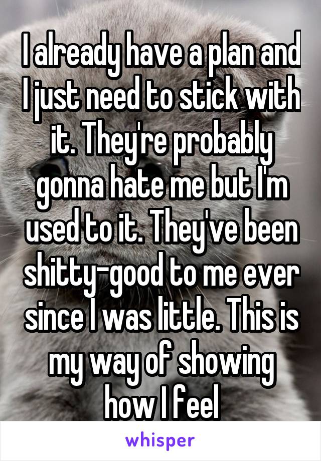 I already have a plan and I just need to stick with it. They're probably gonna hate me but I'm used to it. They've been shitty-good to me ever since I was little. This is my way of showing how I feel