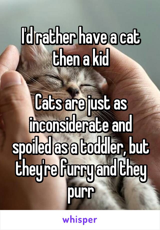 I'd rather have a cat then a kid

Cats are just as inconsiderate and spoiled as a toddler, but they're furry and they purr