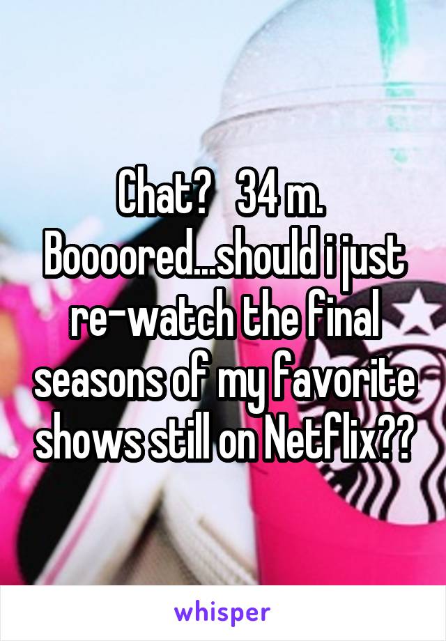 Chat?   34 m.  Boooored...should i just re-watch the final seasons of my favorite shows still on Netflix??