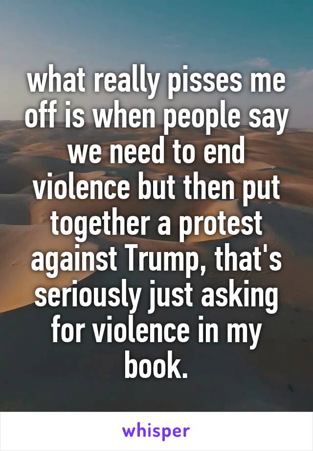 what really pisses me off is when people say we need to end violence but then put together a protest against Trump, that's seriously just asking for violence in my book.