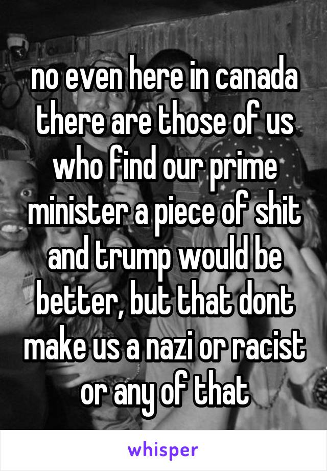 no even here in canada there are those of us who find our prime minister a piece of shit and trump would be better, but that dont make us a nazi or racist or any of that