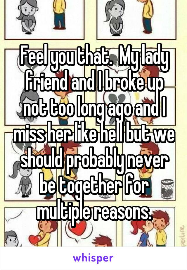 Feel you that.  My lady friend and I broke up not too long ago and I miss her like hell but we should probably never be together for multiple reasons.