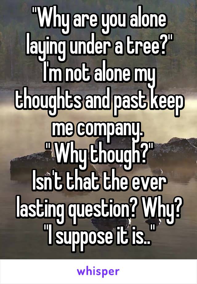 "Why are you alone laying under a tree?"
I'm not alone my thoughts and past keep me company. 
" Why though?"
Isn't that the ever lasting question? Why?
"I suppose it is.."
