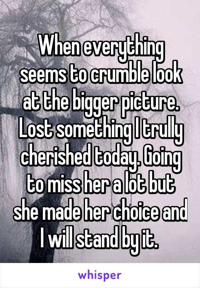 When everything seems to crumble look at the bigger picture. Lost something I trully cherished today. Going to miss her a lot but she made her choice and I will stand by it. 