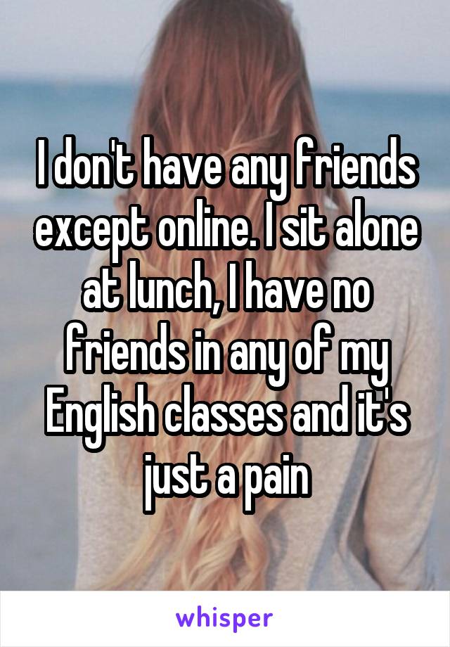 I don't have any friends except online. I sit alone at lunch, I have no friends in any of my English classes and it's just a pain