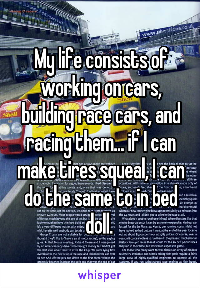 My life consists of working on cars, building race cars, and racing them... if I can make tires squeal, I can do the same to in bed doll. 