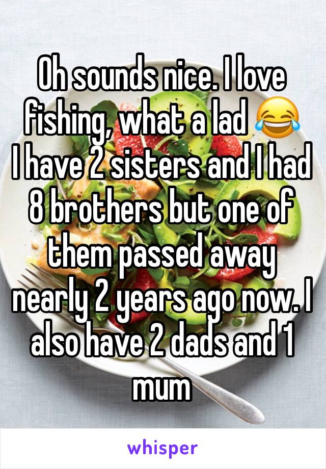 Oh sounds nice. I love fishing, what a lad 😂
I have 2 sisters and I had 8 brothers but one of them passed away nearly 2 years ago now. I also have 2 dads and 1 mum