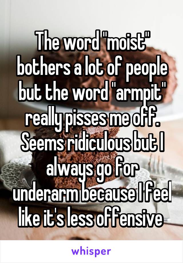 The word "moist" bothers a lot of people but the word "armpit" really pisses me off. Seems ridiculous but I always go for underarm because I feel like it's less offensive 