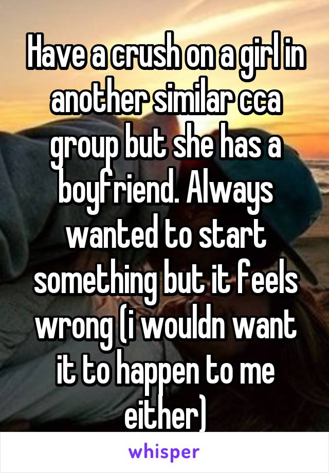 Have a crush on a girl in another similar cca group but she has a boyfriend. Always wanted to start something but it feels wrong (i wouldn want it to happen to me either)