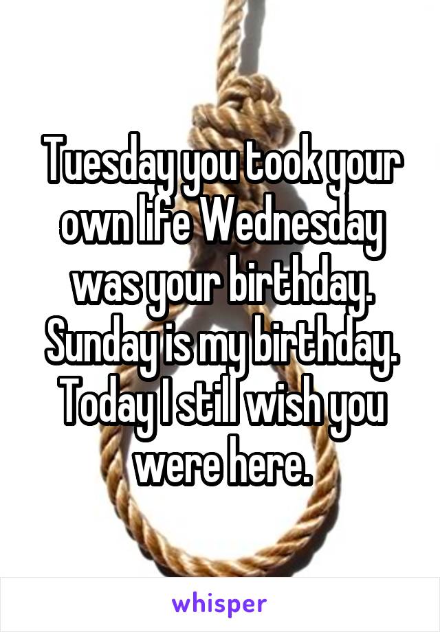 Tuesday you took your own life Wednesday was your birthday. Sunday is my birthday. Today I still wish you were here.