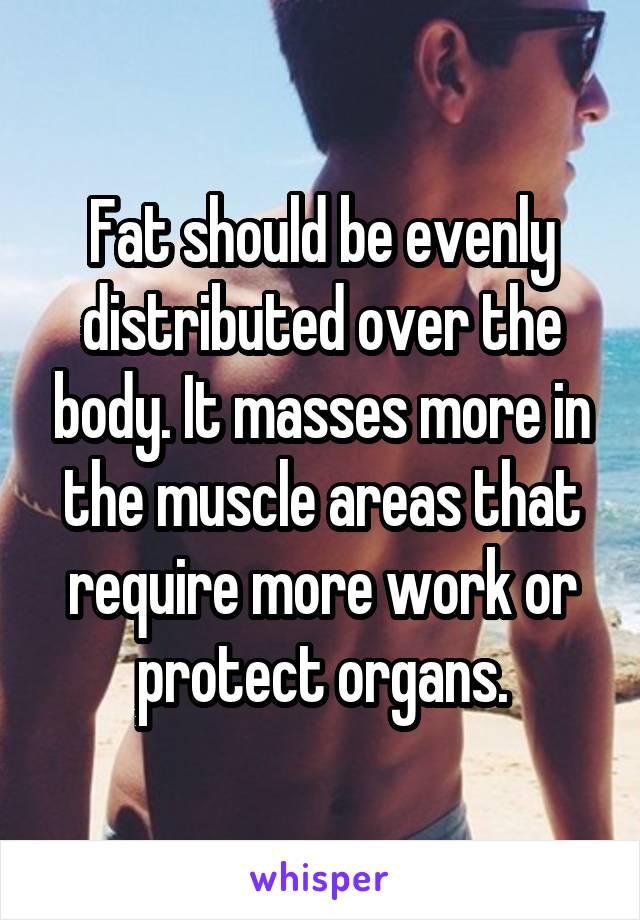 Fat should be evenly distributed over the body. It masses more in the muscle areas that require more work or protect organs.