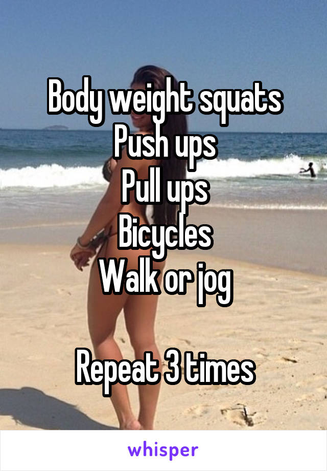 Body weight squats
Push ups
Pull ups
Bicycles
Walk or jog

Repeat 3 times