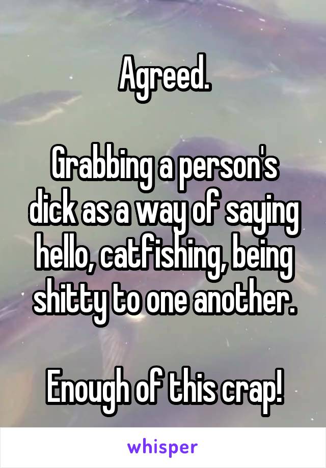 Agreed.

Grabbing a person's dick as a way of saying hello, catfishing, being shitty to one another.

Enough of this crap!