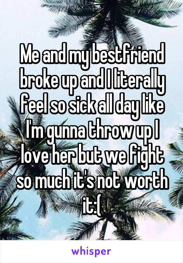 Me and my bestfriend broke up and I literally feel so sick all day like I'm gunna throw up I love her but we fight so much it's not worth it:(